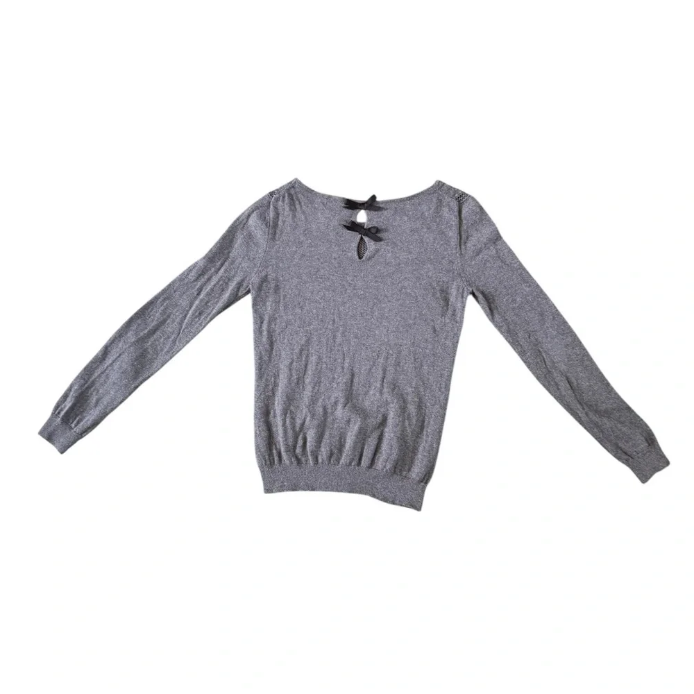 MANGO MNG Basics Gray Sweater Bows Keyholes  XS Quiet Luxury Long Sleeve Light